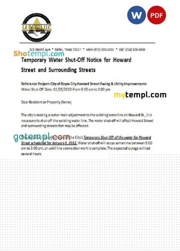 editable template, USA Texas La Banda utility water shut off notice, Word and PDF template