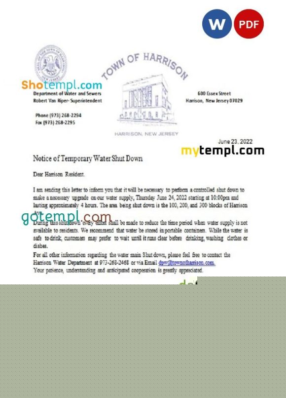 editable template, USA New Jersey Town of Harrison utility water shut off notice, Word and PDF template