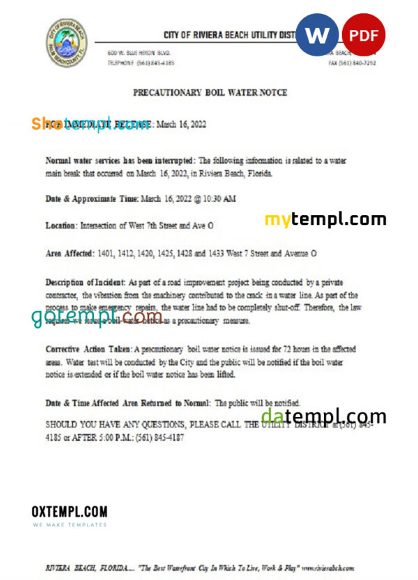 editable template, USA Florida City of Riviera Beach utility district water utility shut off notice, Word and PDF template