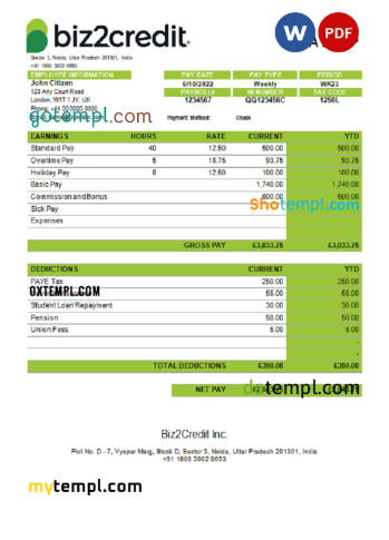 editable template, India Biz2Credit Inc. consumer lending company pay stub Word and PDF template
