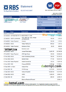 editable template, United Kingdom Royal Bank of Scotland (RBS) bank statement