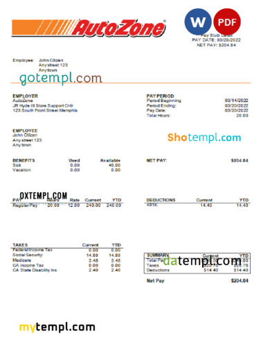 editable template, USA Auto Zone auto retailer company pay stub Word and PDF template