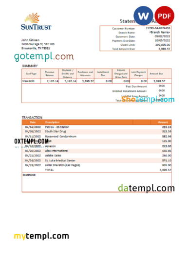 editable template, USA SunTrust bank statement Word and PDF template, version 2