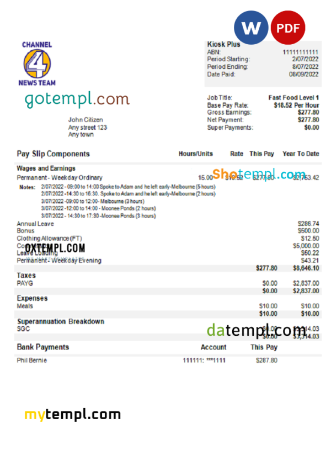 editable template, USA Channel News Team 4 media company pay stub Word and PDF template