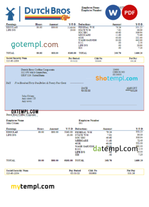 USA Dutch Bros Coffee Corporate coffeehouse company pay stub Word and PDF template