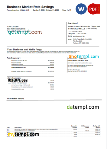 editable template, USA Wells Fargo bank statement Word and PDF template, version 2