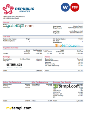 USA Republic Services waste management company pay stub Word and PDF template