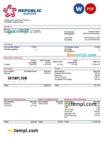 editable template, USA Republic Services waste management company pay stub Word and PDF template