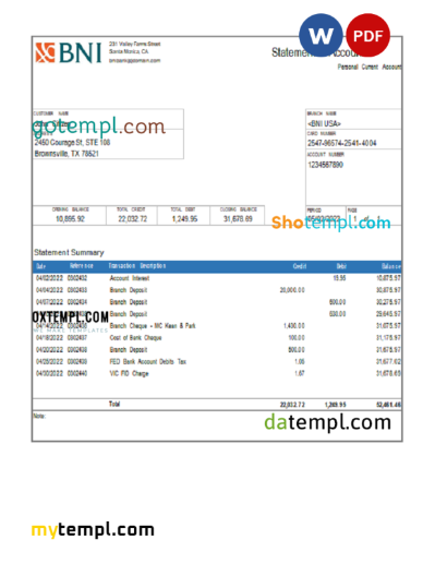 editable template, USA Texas BNI bank account statement Word and PDF template