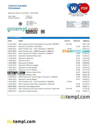 editable template, United Kingdom TSB bank statement, Word and PDF template