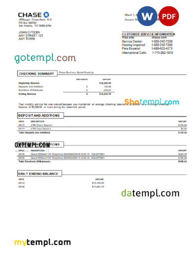 editable template, USA Chase bank statement Word and PDF template, version 3
