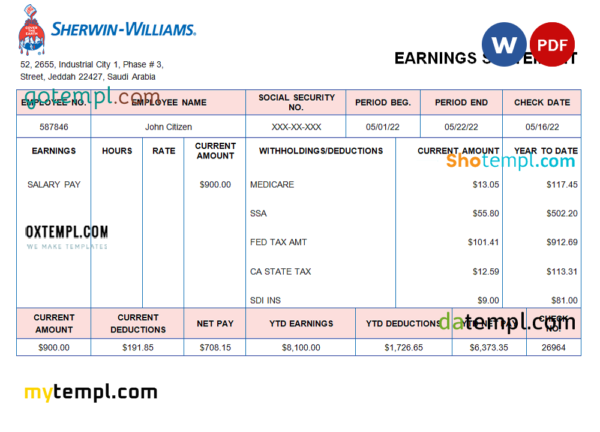 editable template, UAE Sherwin-Williams Paints paint manufacturing company pay stub Word and PDF template