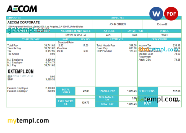 editable template, USA AECOM construction company pay stub Word and PDF template