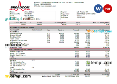 editable template, USA Broadcom semiconductor company pay stub Word and PDF template
