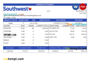 USA Southwest Airlines airlines company pay stub Word and PDF template