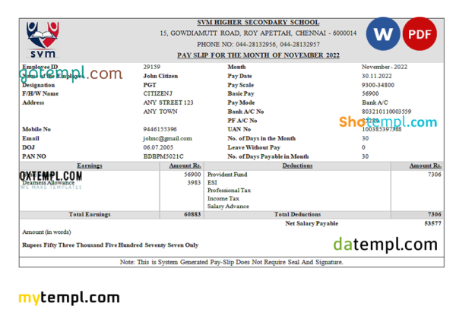 editable template, India SVM HIGHER SECONDARY SCHOOL educational company pay stub Word and PDF template