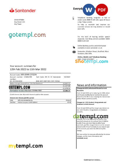 editable template, United Kingdom Santander bank statement, Word and PDF template, 3 pages