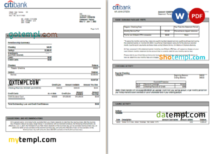 editable template, USA Citibank bank statement, Word and PDF template, 6 pages
