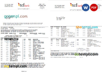 editable template, USA TCF bank statement, Word and PDF template, 3 pages