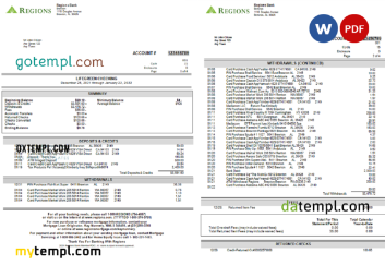 editable template, USA Regions Bank statement, Word and PDF template, 4 pages