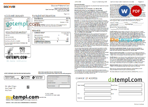 editable template, USA Discover bank statement, Word and PDF template, 5 pages