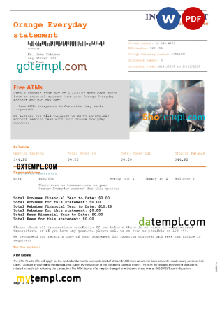 editable template, Australia ING Direct bank statement, Word and PDF template, 2 pages