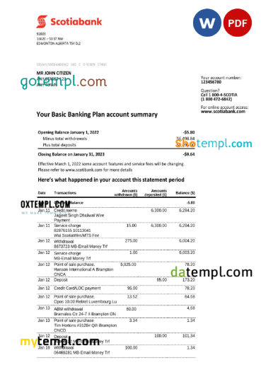 editable template, Australia Scotiabank bank statement, Word and PDF template, 2 pages