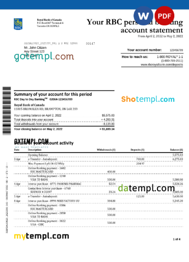editable template, Canada Royal Bank of Canada (RBC) bank statement, Word and PDF template, 4 pages, version 2