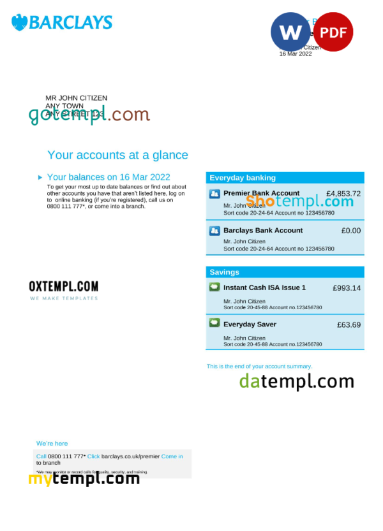 editable template, United Kingdom Barclays bank statement, Word and PDF template, 4 pages, version 2
