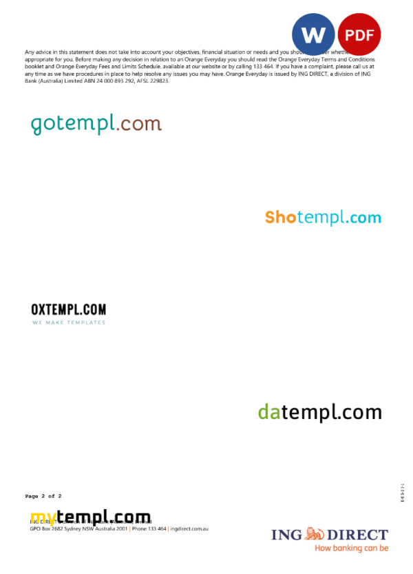 editable template, Australia ING Direct bank statement, Word and PDF template, 2 pages - Image 2