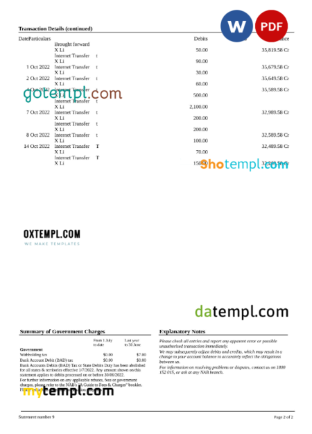 editable template, Australia NAB bank statement, Word and PDF template, 2 pages - Image 2