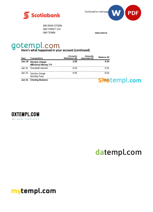 editable template, Australia Scotiabank bank statement, Word and PDF template, 2 pages - Image 2