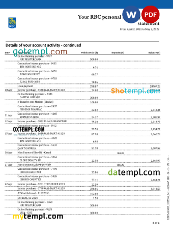 editable template, Canada Royal Bank of Canada (RBC) bank statement, Word and PDF template, 4 pages, version 2 - Image 2