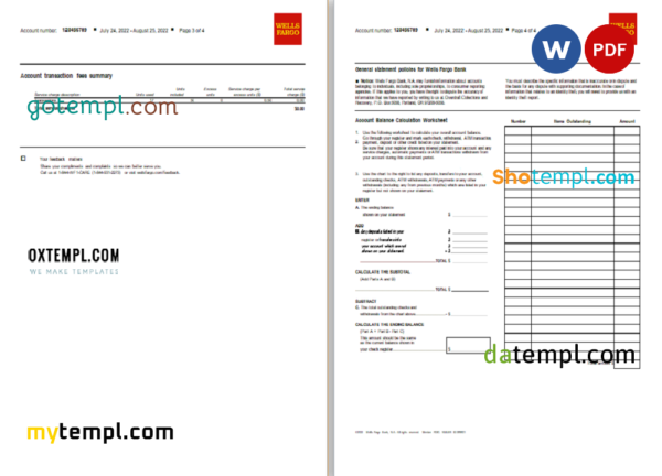 editable template, USA Wells Fargo Bank Simple Business Checking bank statement, Word and PDF template, 4 pages - Image 2