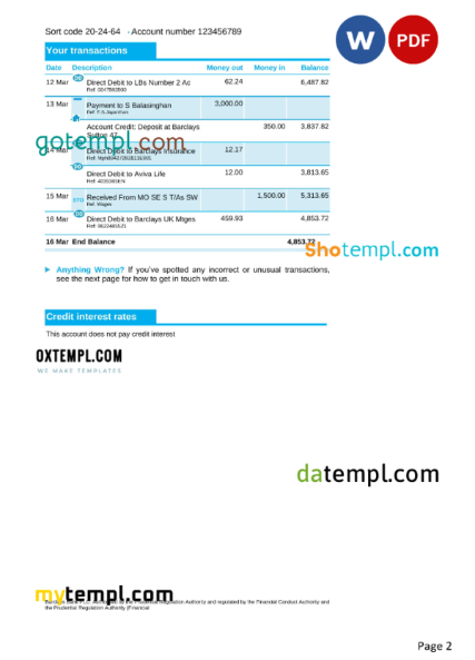 editable template, United Kingdom Barclays bank statement, Word and PDF template, 4 pages, version 2 - Image 3