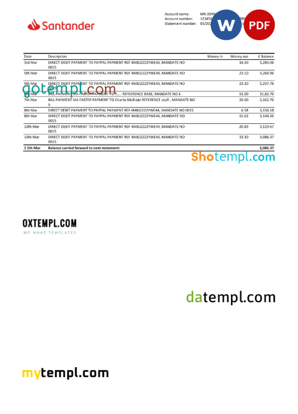 editable template, United Kingdom Santander bank statement, Word and PDF template, 3 pages - Image 3