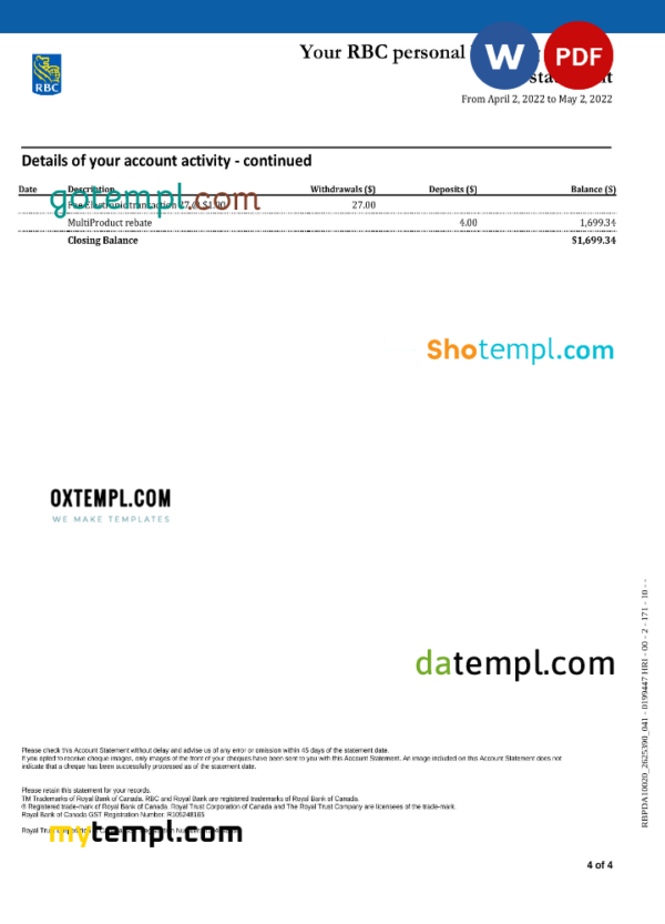 editable template, Canada Royal Bank of Canada (RBC) bank statement, Word and PDF template, 4 pages, version 2 - Image 4