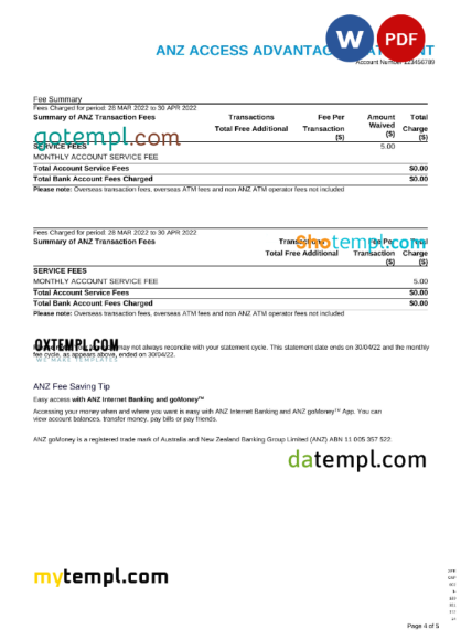 editable template, Australia ANZ bank statement, Word and PDF template, 5 pages - Image 4