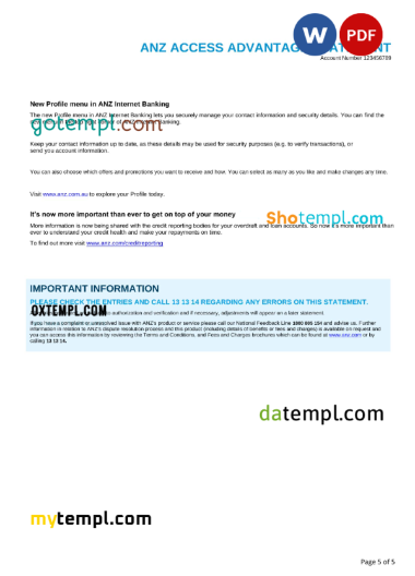 editable template, Australia ANZ bank statement, Word and PDF template, 5 pages - Image 5