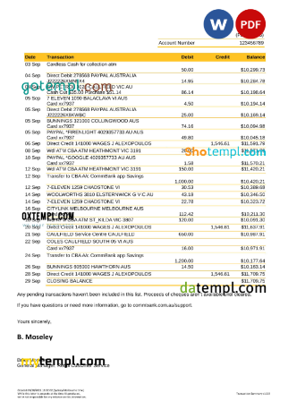 editable template, Australia Commonwealth bank statement, Word and PDF template, 5 pages - Image 5