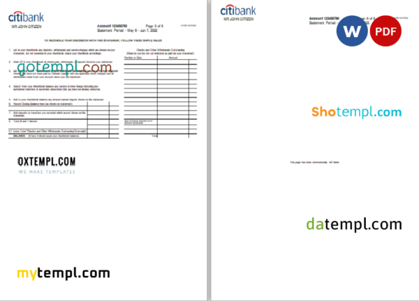 editable template, USA Citibank bank statement, Word and PDF template, 6 pages - Image 3