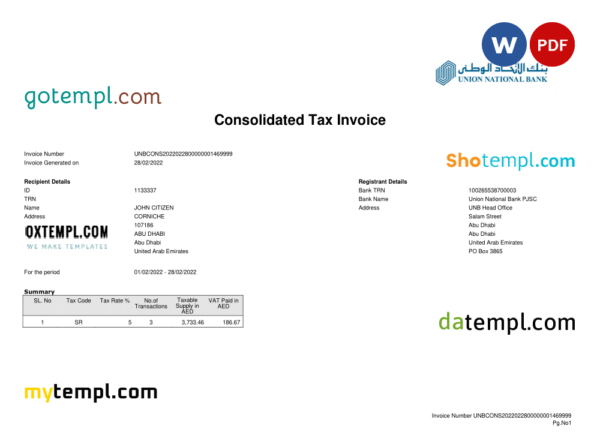 editable template, UAE Abu Dhabi Union National bank statement, Word and PDF template, 2 pages