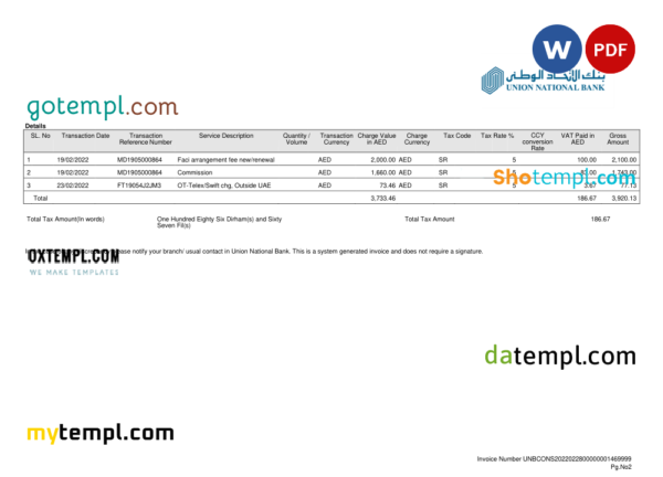 editable template, UAE Abu Dhabi Union National bank statement, Word and PDF template, 2 pages - Image 2