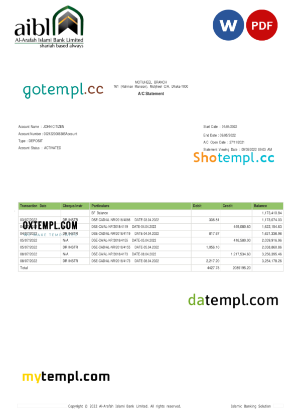 editable template, Bangladesh Al-Arafah Islami Bank statement, Word and PDF template