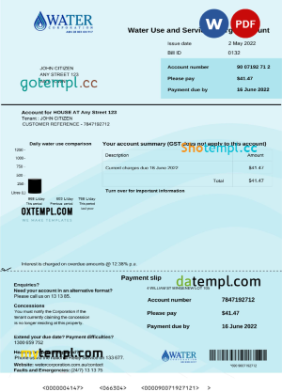 editable template, Australia Water Corporation WA utility bill .doc and .pdf template