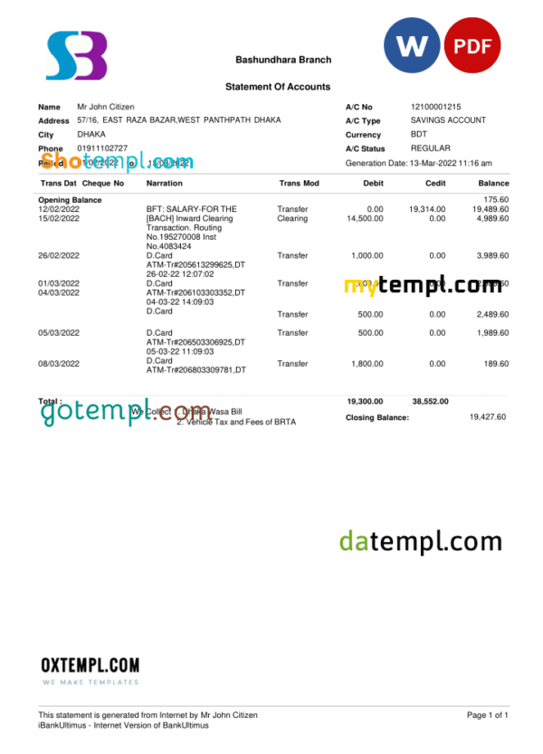 editable template, Bangladesh SB bank statement, Word and PDF template