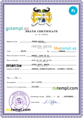 editable template, Benin vital record death certificate PSD template, fully editable