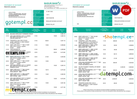 editable template, Brunei Baiduri bank statement, Word and PDF template, 3 pages