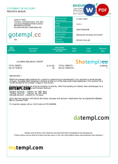 editable template, Brunei Baiduri bank statement, Word and PDF template, 3 pages - Image 2