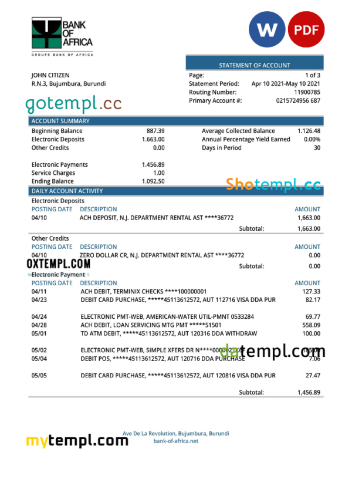 editable template, Burundi Bank of Africa bank statement Word and PDF template